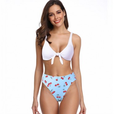 European and American new swimsuit, solid color cherry print, explosive split print bikini