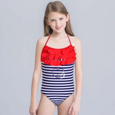 New childrens swimsuit fashion ruffled leaf striped swimsuit soft skin-friendly one-piece swimwear factory direct