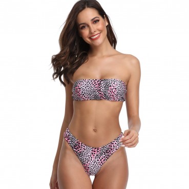 Sexy European and American bikini Leopard print split tube top bikini hot style swimsuit women