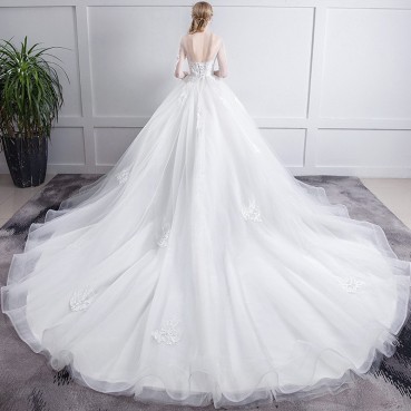 French wedding dress 2021 new bride one shoulder dignified trailing dreamy simple and thin long-sleeved forest female