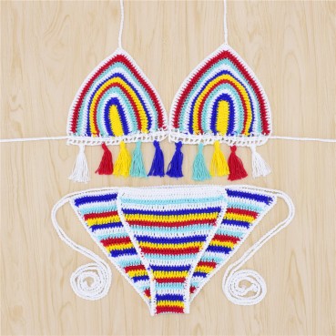 New style handmade knitted striped triangle bikini colorful striped sexy ladies swimwear hot sale