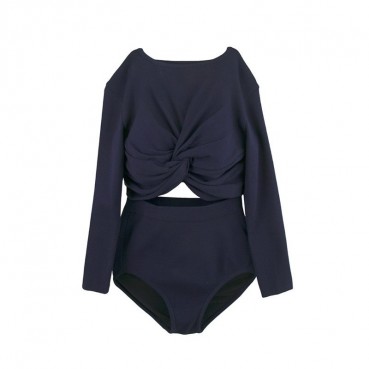 Korean new style swimsuit female split solid color long-sleeved student high-waist bowknot conservative small chest