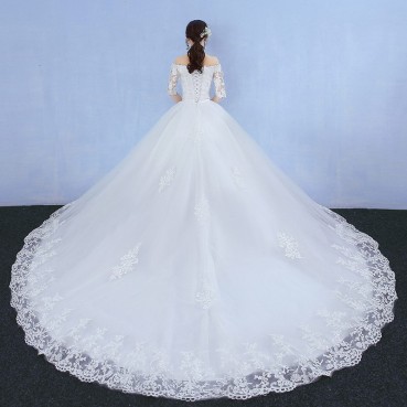 One-shoulder wedding dress bride 2021 new long tail dream princess Korean long-sleeved wedding dress