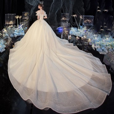 Starry sky main wedding dress with big trailing tail 2021 new temperament bride one shoulder Sen system super fairy