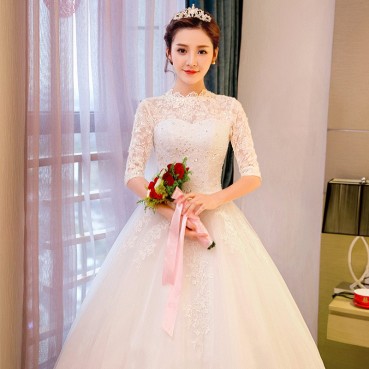 Wedding dress 2021 new bride married Korean style large size tailing white long-sleeved princess round neck