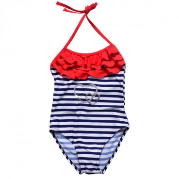 New childrens swimsuit fashion ruffled leaf striped swimsuit soft skin-friendly one-piece swimwear factory direct