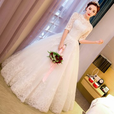 Wedding dress 2021 new bride married Korean style large size tailing white long-sleeved princess round neck