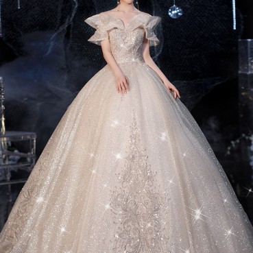 Sen series starry sky light wedding dress trailing 2021 new bride temperament French Hepburn, shoulder-to-shoulder