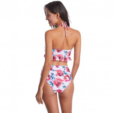 European and American swimsuit womens swimwear conservative high-waisted ruffled bikini hot sale