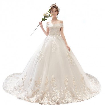 The main wedding dress 2021 new bride one-shoulder trailing dreamy and elegant French style light forest super fairy