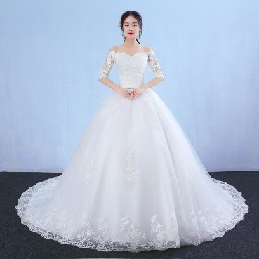 One-shoulder wedding dress bride 2021 new long tail dream princess Korean long-sleeved wedding dress