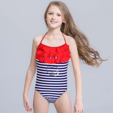 New childrens swimsuit fashion ruffled leaf striped swimsuit soft skin-friendly one-piece swimwear factory direct