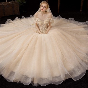 The main wedding dress 2021 new tail temperament bride French light Mori series super fairy dream starry little child