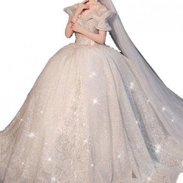 Sen series starry sky light wedding dress trailing 2021 new bride temperament French Hepburn, shoulder-to-shoulder