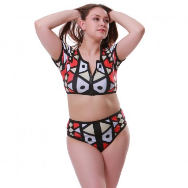 Swimsuit 2021 new geometric print zipper half sleeve bikini split swimsuit high waist swimsuit