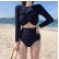 Korean new style swimsuit female split solid color long-sleeved student high-waist bowknot conservative small chest