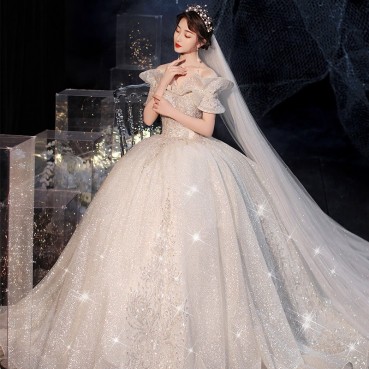 Sen series starry sky light wedding dress trailing 2021 new bride temperament French Hepburn, shoulder-to-shoulder