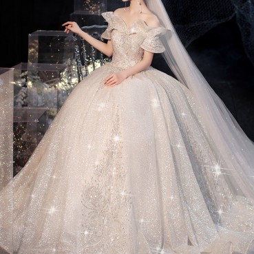 Sen series starry sky light wedding dress trailing 2021 new bride temperament French Hepburn, shoulder-to-shoulder