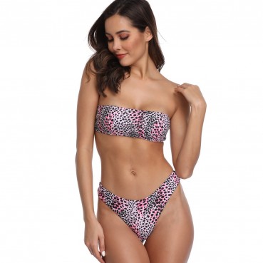 Sexy European and American bikini Leopard print split tube top bikini hot style swimsuit women