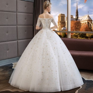 Starry sky wedding dress 2021 new winter bride with one shoulder and sleeves, simple and large size, thin and light