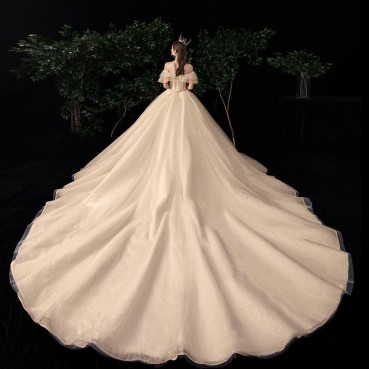 The main wedding dress 2021 new tail temperament bride French light Mori series super fairy dream starry little child