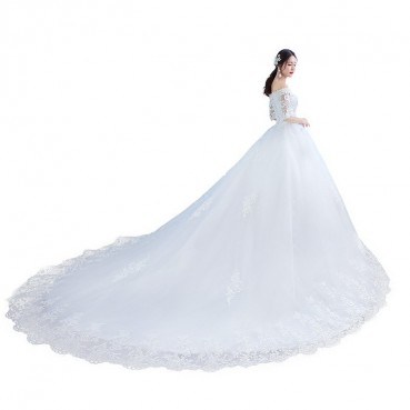 One-shoulder wedding dress bride 2021 new long tail dream princess Korean long-sleeved wedding dress