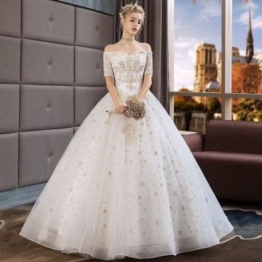 Starry sky wedding dress 2021 new winter bride with one shoulder and sleeves, simple and large size, thin and light