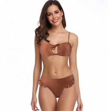 New sexy split solid color tether straps European and American lotus leaf lace bikini swimsuit