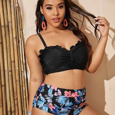 European and American new sexy bikini ruffled multicolor printing large size pleated ladies high waist large size