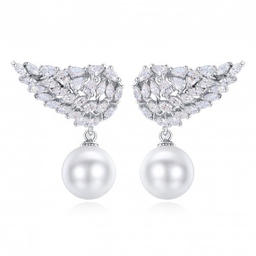 Feather Bead Earrings Platinum Plated Fashion AAA Zircon Wings Womens Pearl New Earrings