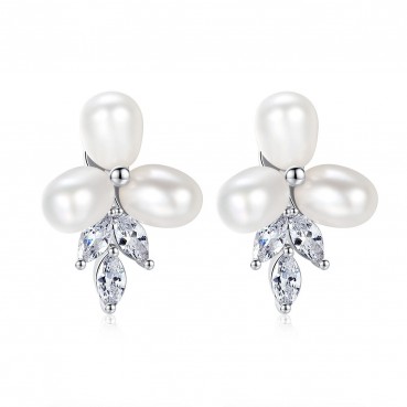 Flower earrings freshwater pearl 6-7mmAAA zircon inlaid Korean flower-shaped earrings gift female