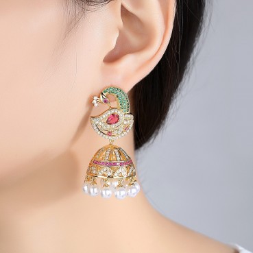 Phoenix earrings fashion personality European and American retro color zirconium female long pearl earrings wholesale