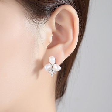 Flower earrings freshwater pearl 6-7mmAAA zircon inlaid Korean flower-shaped earrings gift female