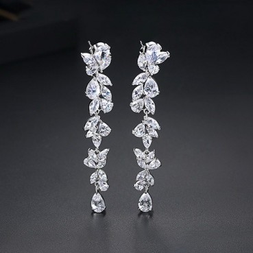 Leaf ear studs, copper inlaid 3A zircon, European and American atmosphere long branch-shaped ladies earrings