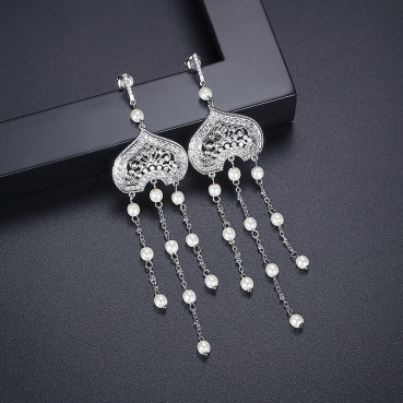 Long female heart-shaped natural pearl zircon earrings Fashion new earrings electroplated platinum