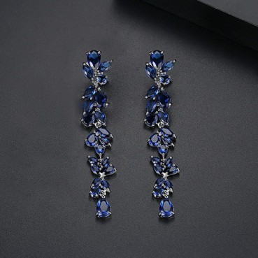 Leaf ear studs, copper inlaid 3A zircon, European and American atmosphere long branch-shaped ladies earrings