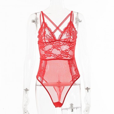 New womens flower embroidery lace stitching cross V-neck sexy one-piece