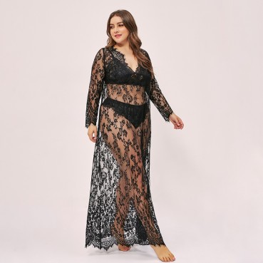 plus size new female sentiment see-through hollow lace dress