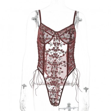 New lace mesh see-through embroidery strappy bodysuit