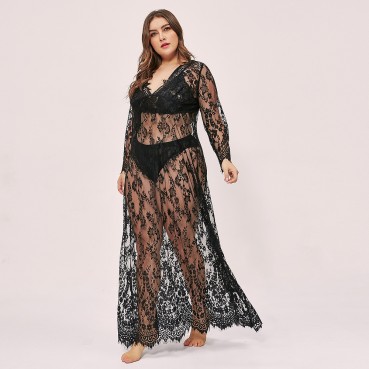 plus size new female sentiment see-through hollow lace dress