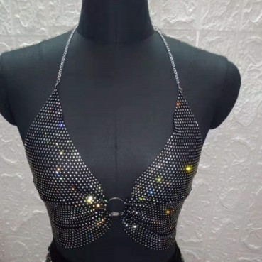 European beauty hot metal sequins deep V halterneck top in stock