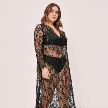 plus size new female sentiment see-through hollow lace dress