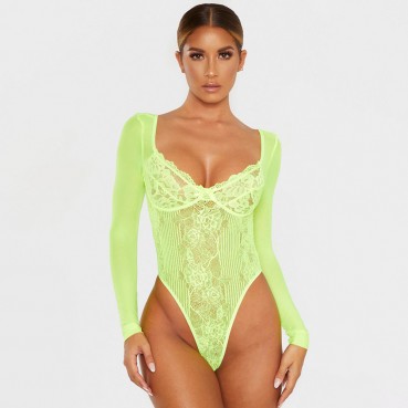 The new source of lace mesh splicing shapewear gathers long-sleeved bodysuit