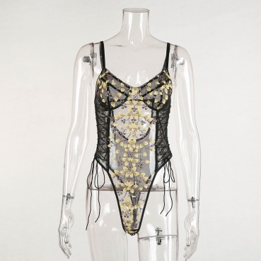 New lace mesh see-through embroidery strappy bodysuit