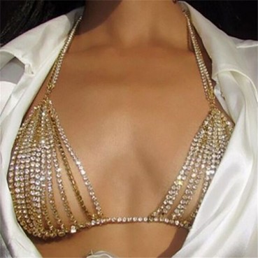 Fashion womens nightclub super flash diamond metal sequin sling deep V bra chain