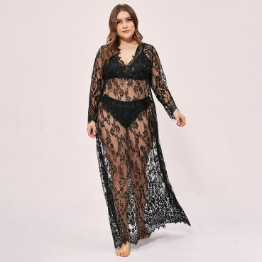 plus size new female sentiment see-through hollow lace dress