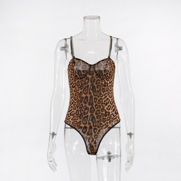 Hot selling high-quality leopard-print lace mesh chain gathers ladies one-piece