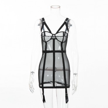 Womens European and American sexy locomotive sexy stitching strap dress perspective suspender skirt