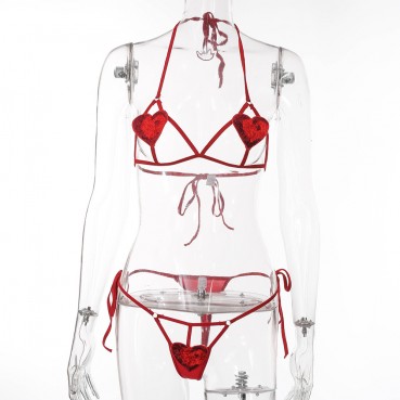 New red love three-point halterneck hollow female sexy suit