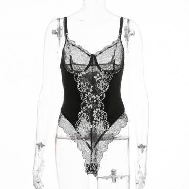 Sexy erotic lingerie two-color lace stitching mesh see-through bodysuit